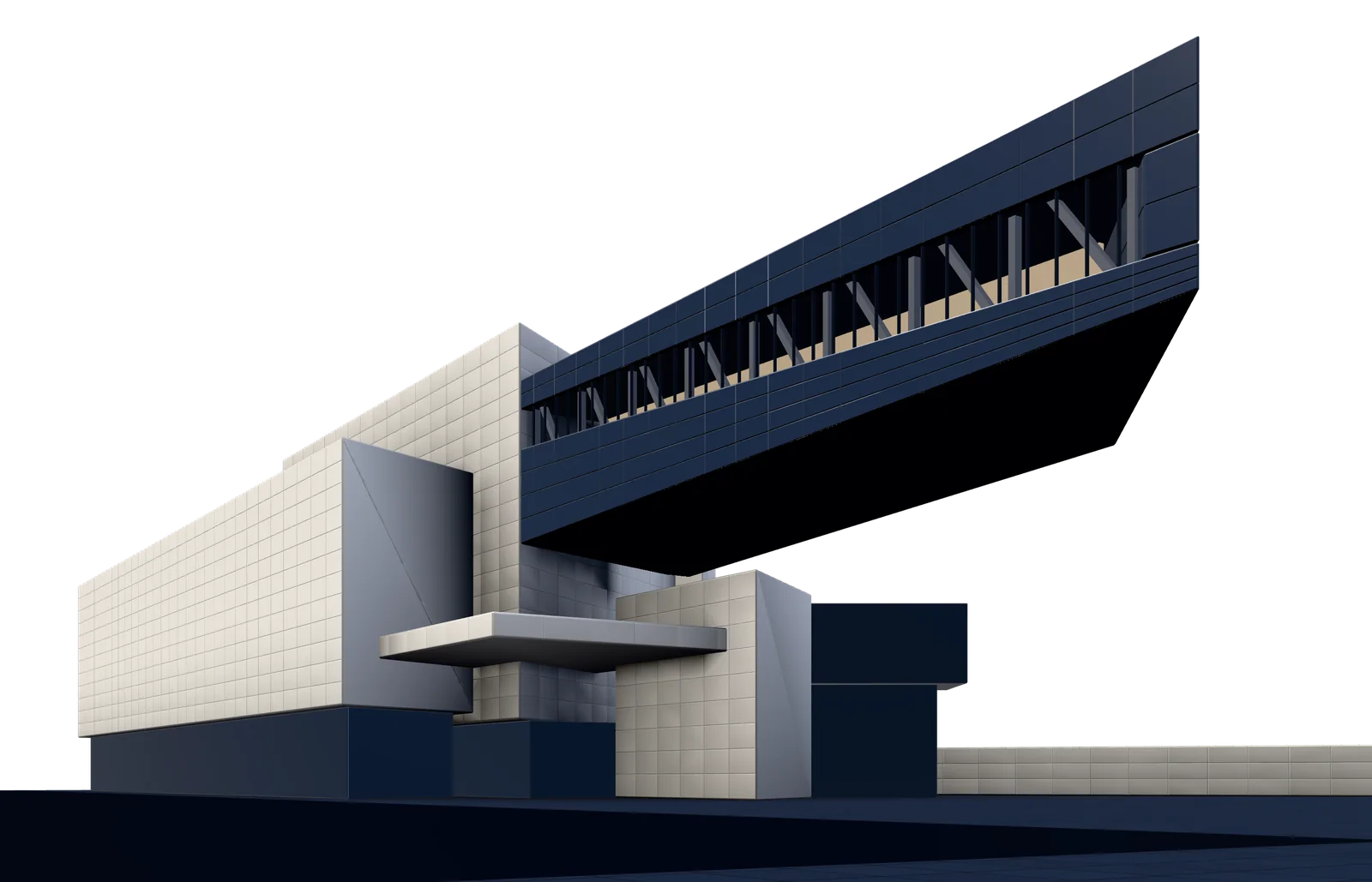Maqueta blanca interpretativa de la sede de UNASUR: una pieza oscura y vidriada vuela 55 metros desde una base blanca escalonada, con su franja de ventanas encendida.