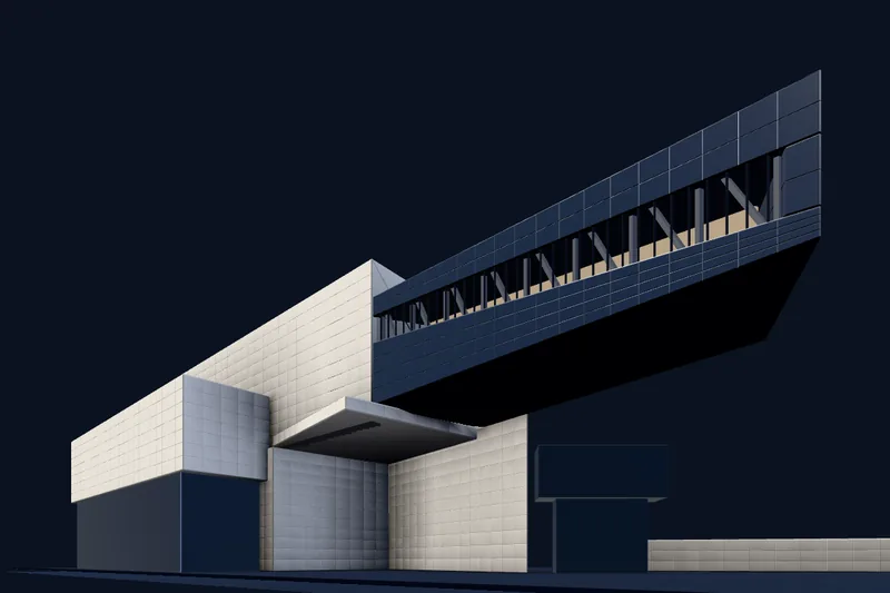 Maqueta blanca interpretativa de la sede de UNASUR: una pieza oscura y vidriada vuela 55 metros desde una base blanca escalonada, con su franja de ventanas encendida.
